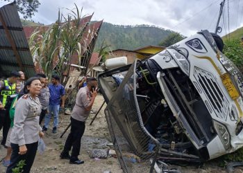 Bus Wisata Bawa 32 Penumpang Terbalik di Samosir, 2 Orang Luka Serius